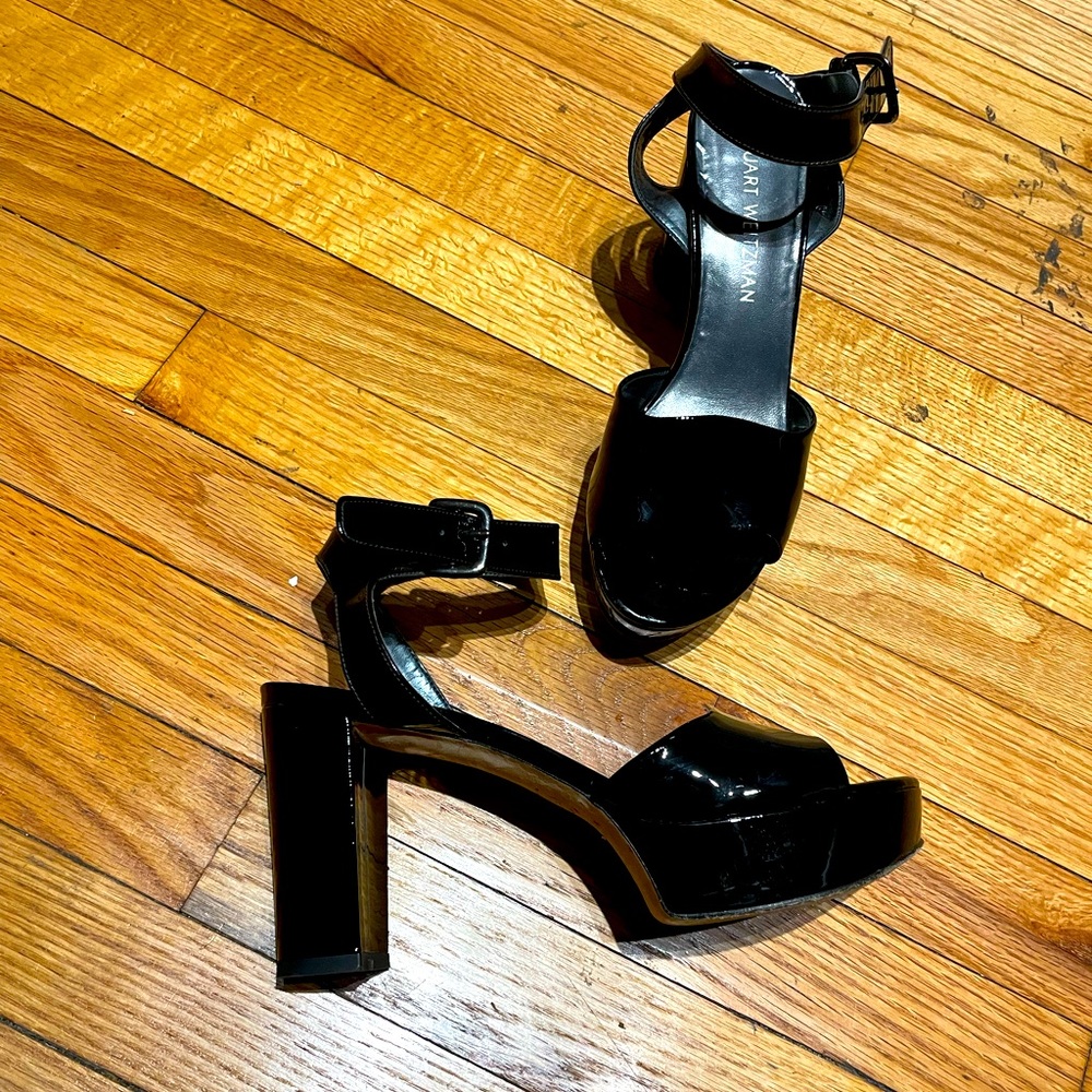 Stuart Weitzman Leather Retro Glossy Chunky Block Sandals 70s pumps black 8.5